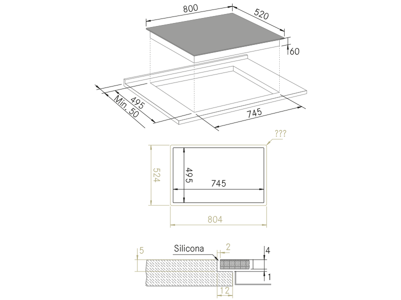 Placas de inducción de diseño - Vitro 834 Slider Bridge - Plano técnico